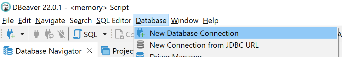 DBeaver New Database Connection Menu DBeaver New Database Connection Menu